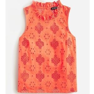 J. CREW Orange Fleur Eyelet Lace Blouse, Ruffle Neck Sleeveless Top, Size M